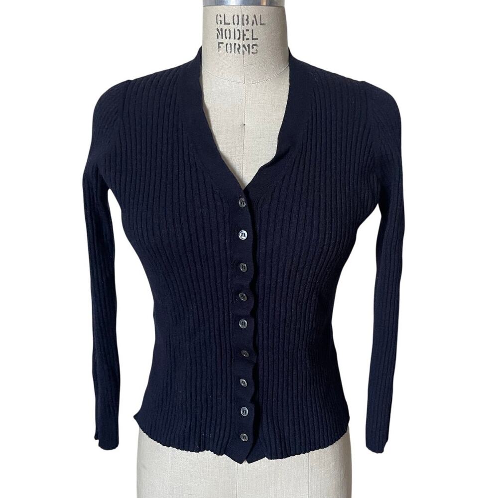 ROUCHA Navy Blue 100% Wool Ribbed Cardigan Sweater Size Large